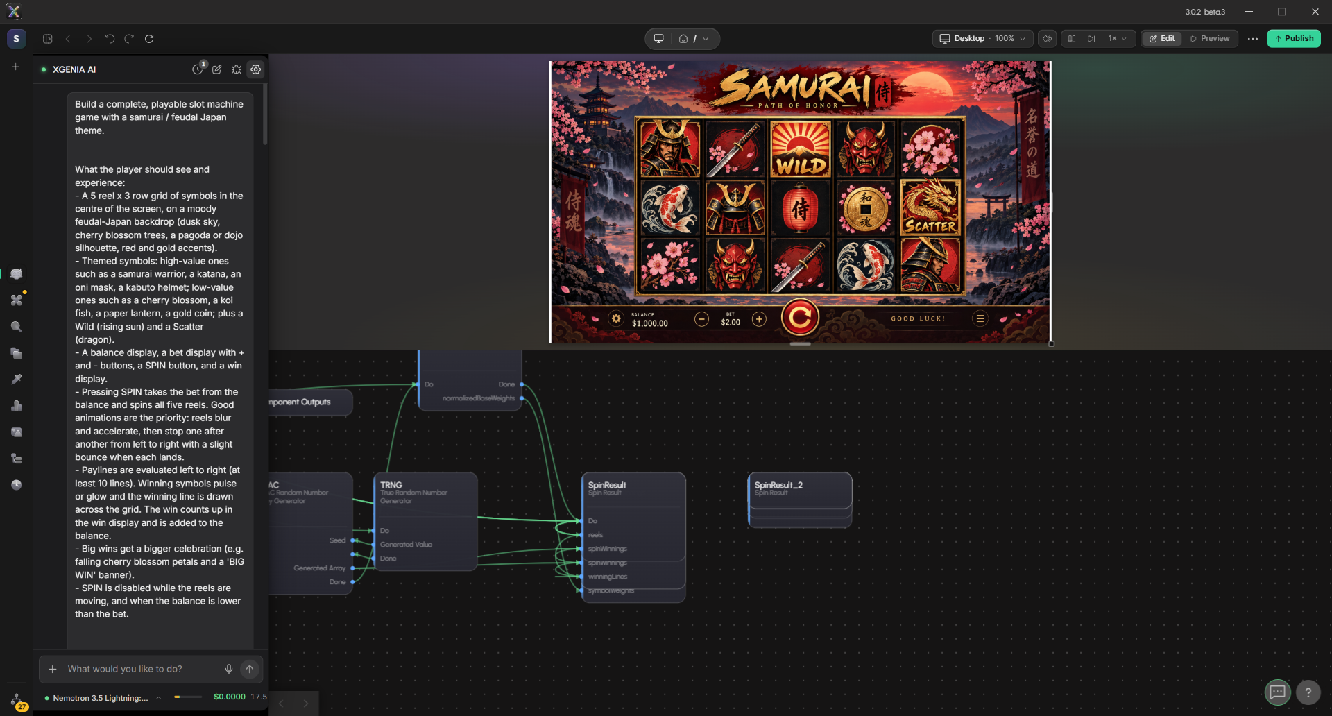 The editor while the panel builds: the brief in the XGENIA AI panel, the generated key art laid into the preview, the maths nodes appearing in the graph