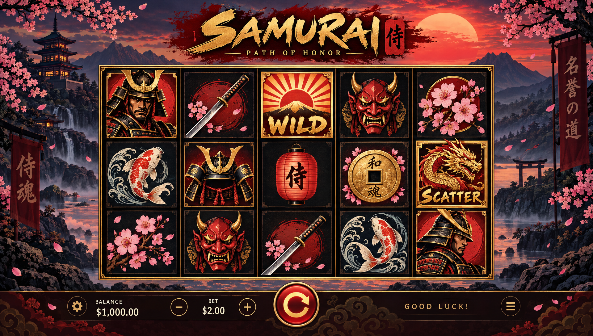 Key art for Samurai: Path of Honor — a 5×3 reel grid of samurai, katana, oni mask, kabuto, cherry blossom, koi, lantern, coin, Wild and dragon Scatter symbols over a dusk feudal-Japan backdrop, with a balance, bet and spin bar