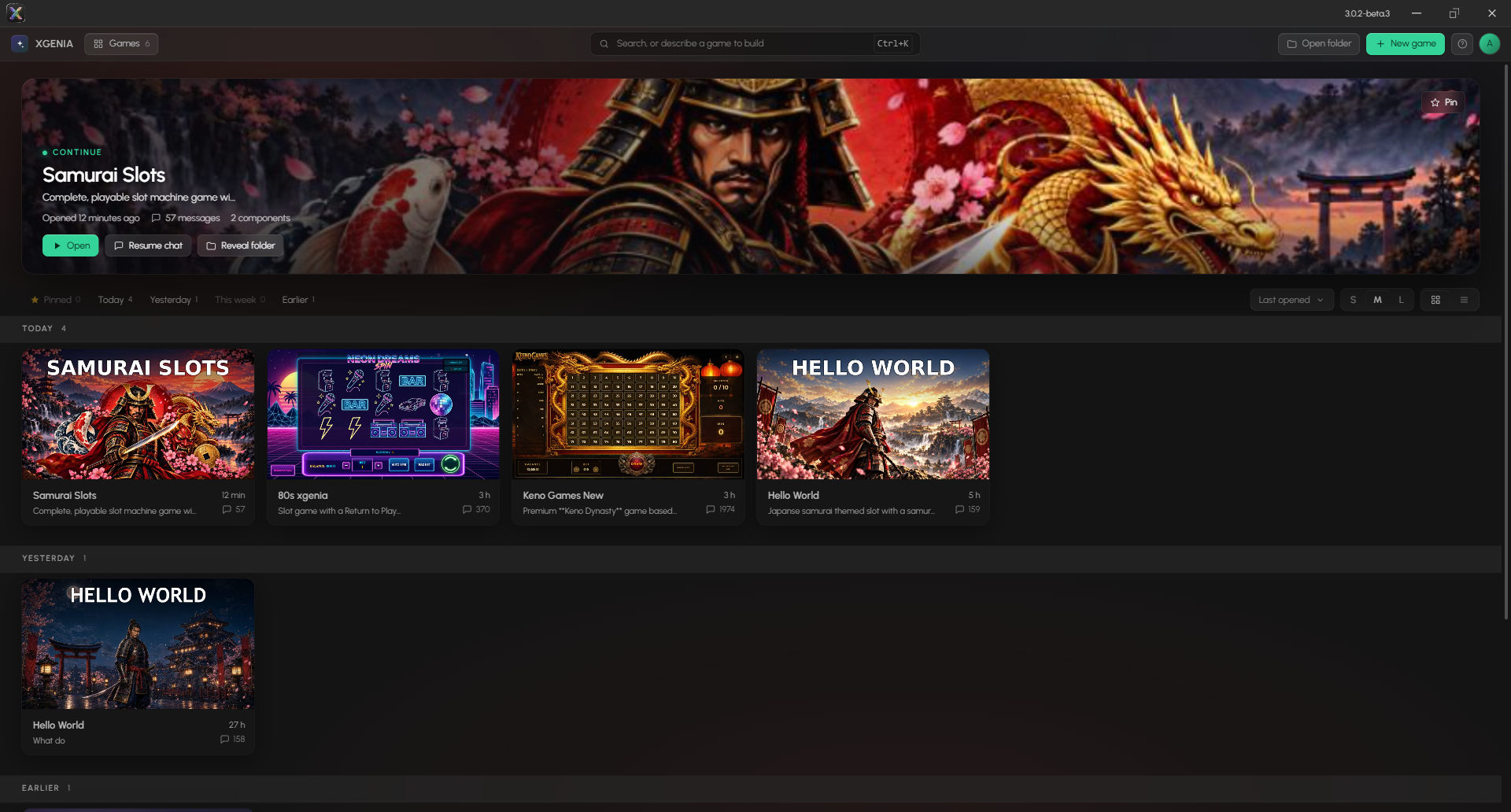 The XGENIA launcher showing recent games, with Samurai Slots as the Continue hero