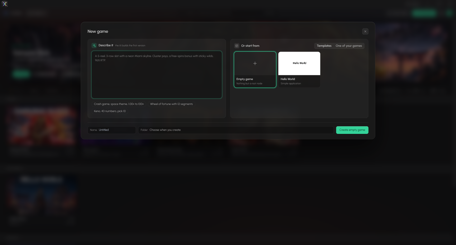 The New game dialog: Describe it on the left, templates on the right