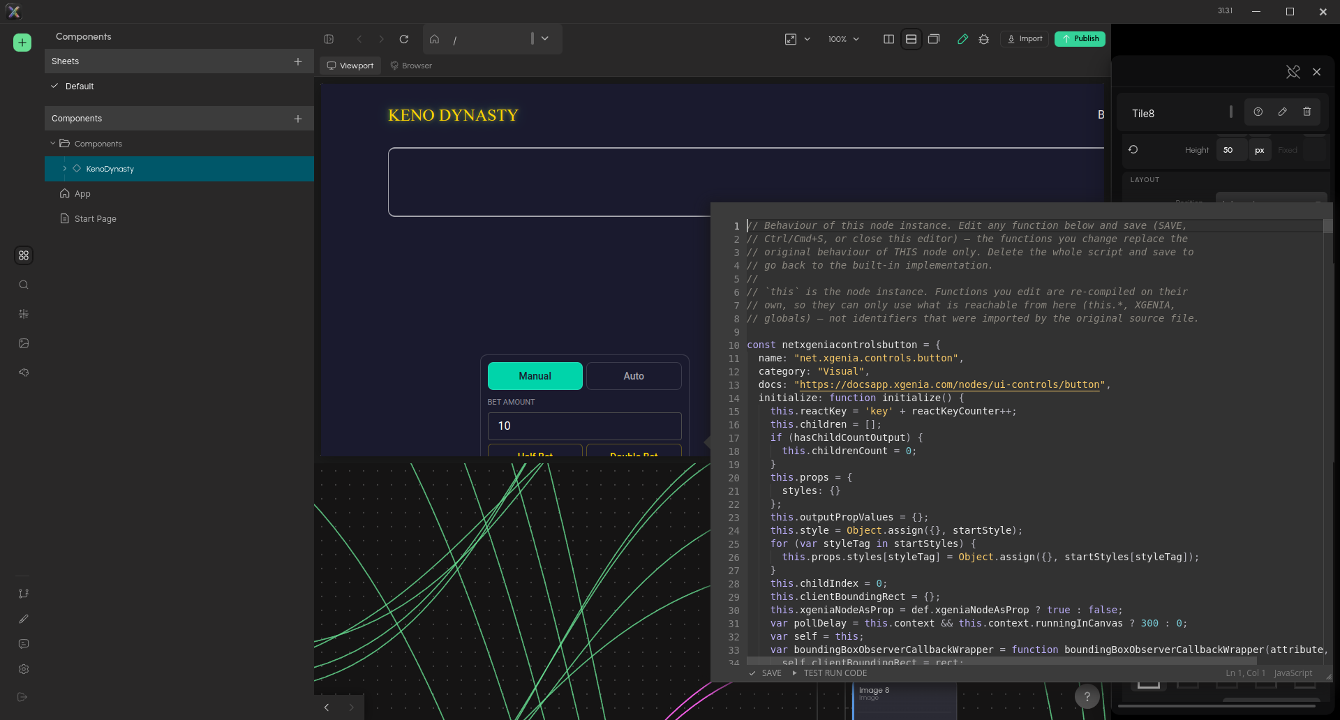The Script editor open for a Button node