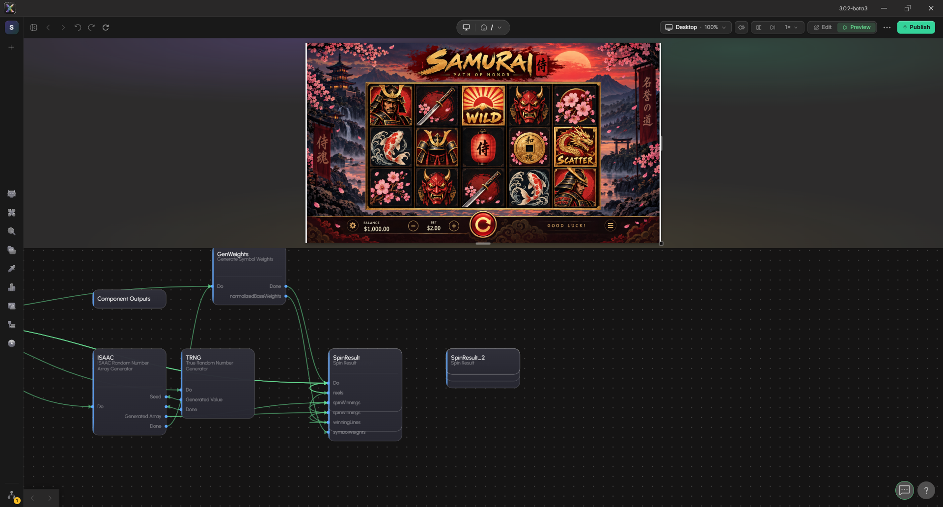 The game in Preview mode: Samurai: Path of Honor with the 5×3 reels, balance $1,000.00, bet $2.00 and the spin button