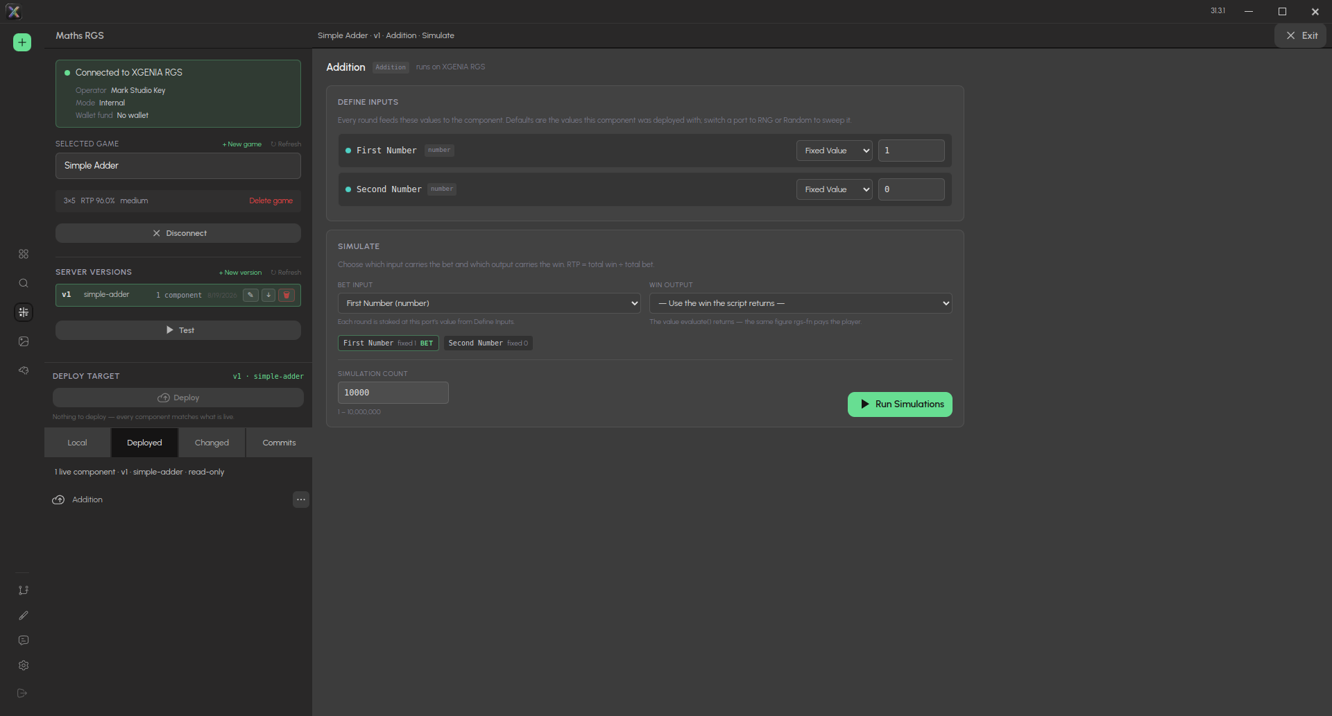 The Simulate document for a deployed component