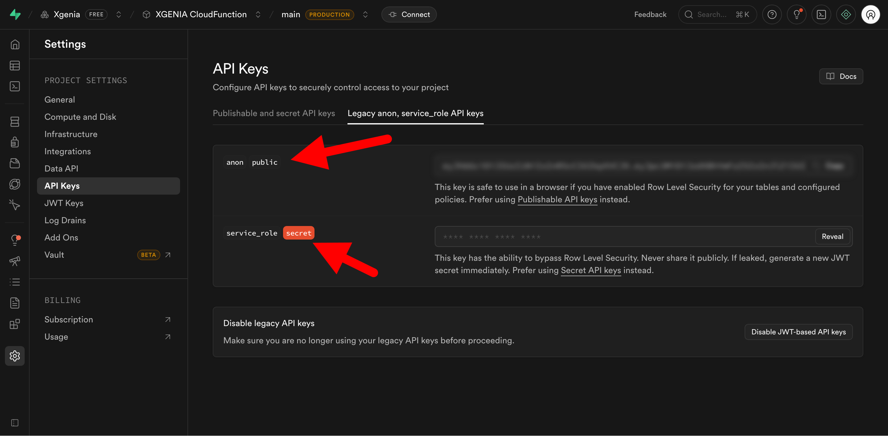 Screenshot of the API settings page showing anon/public key and service role key