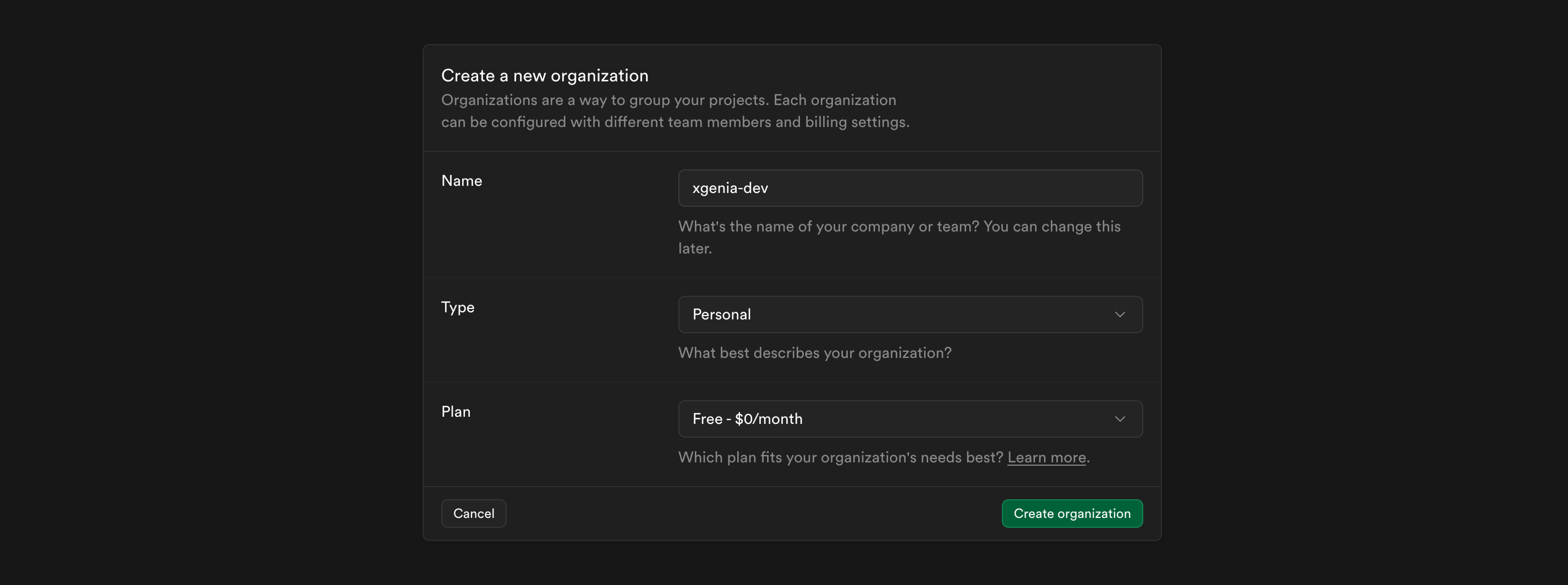 Screenshot of the "New Project" form with all fields filled in