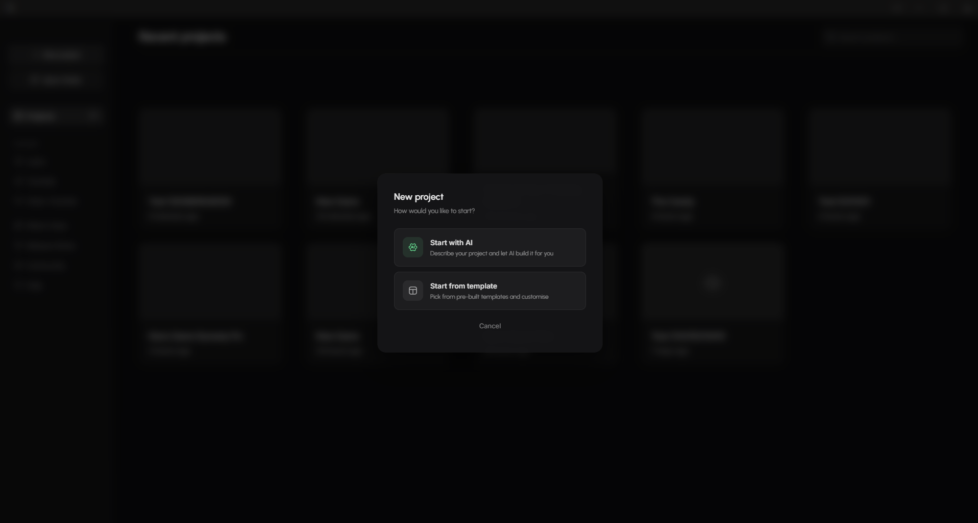 New project dialog with Start with AI and Start from template