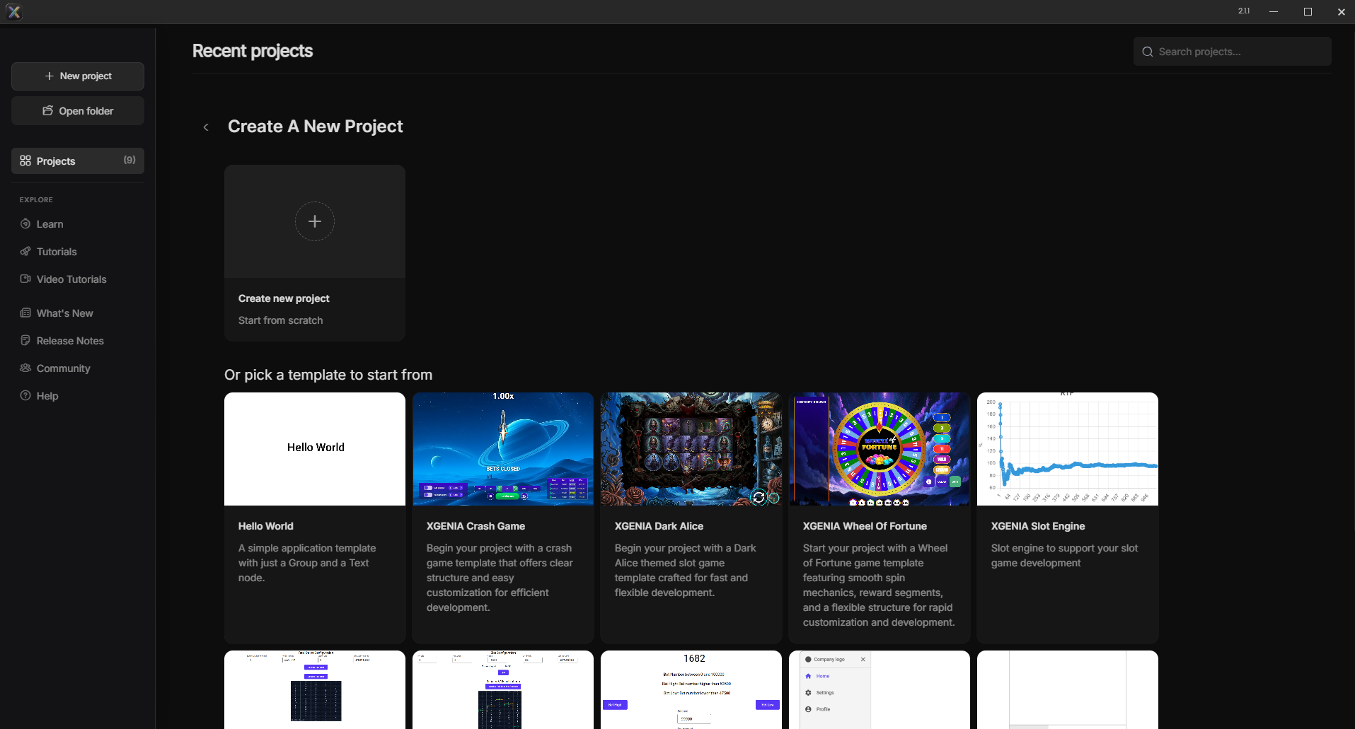 Create A New Project with the template list