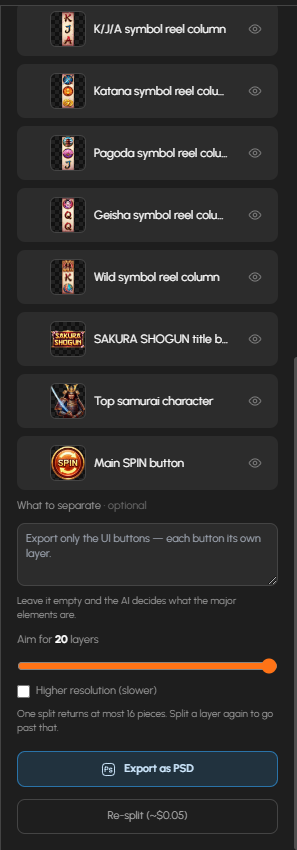 Objects found in the split, with Export as PSD