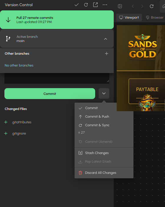 The Commit button dropdown