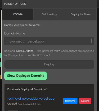 The Publish popup with Previously Deployed Domains expanded
