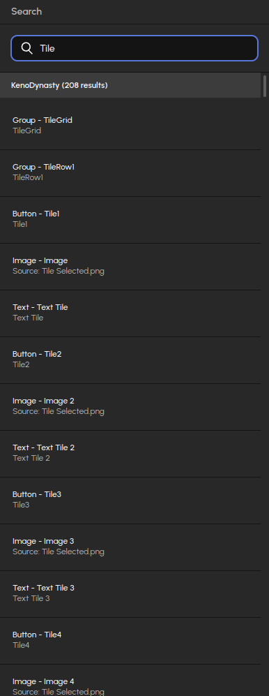 The Search panel with results