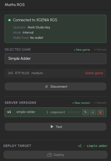 The top of the Maths RGS panel: connection card, selected game, server versions