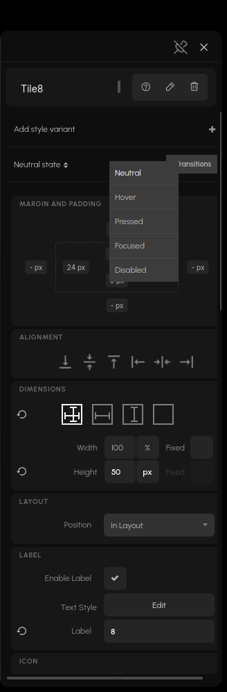 The visual state selector opened in the Properties panel